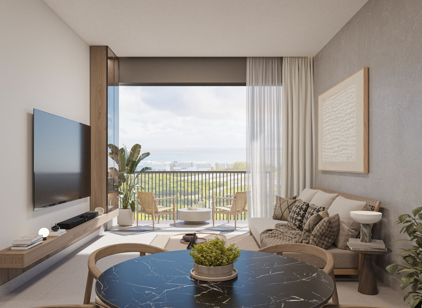 Sala de una unidad de dos habitaciones en Costa Blanca con vista al mar
